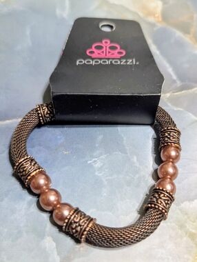 paparazzi Rose Copper Pearl & Filigree Mesh Bracelet